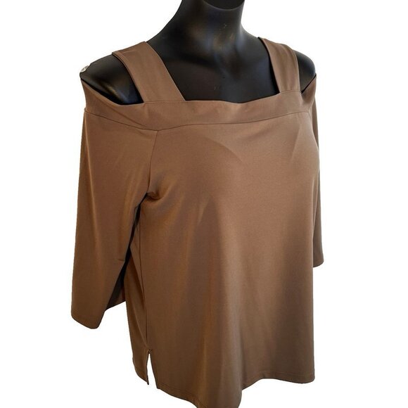Chico's - Women's M Blouse Taupe Brown 3/4 Sleeve Cold Shoulder Stretch - Picture 6 of 11